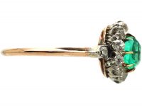 Edwardian 14ct Gold & Platinum, Emerald & Diamond Cluster Ring with Diamond Set Shoulders