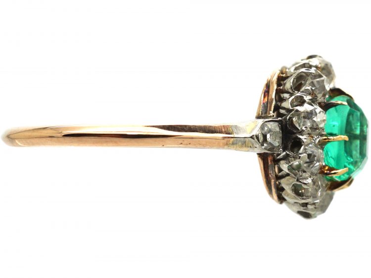 Edwardian 14ct Gold & Platinum, Emerald & Diamond Cluster Ring with Diamond Set Shoulders