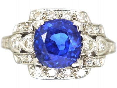 Art Deco Platinum, Ceylon Sapphire & Diamond Ring with Heart Detail