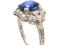 Art Deco Platinum, Ceylon Sapphire & Diamond Ring with Heart Detail