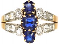 French Belle Epoch 18ct Gold& Platinum, Three Stone Sapphire & Diamond Ring