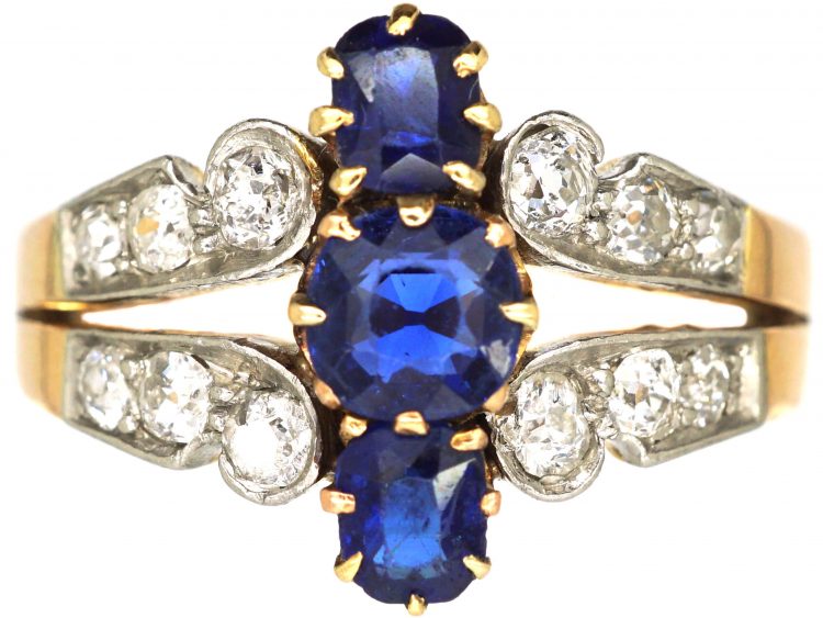 French Belle Epoch 18ct Gold& Platinum, Three Stone Sapphire & Diamond Ring