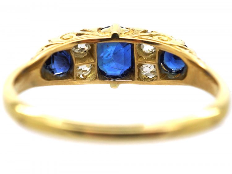 Edwardian 18ct Gold, Three Stone Sapphire & Diamond Carved Half Hoop Ring