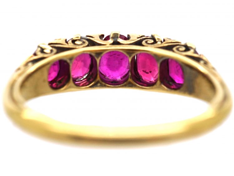 Victorian 18ct Gold, Five Stone Ruby Ring with Diamond Points