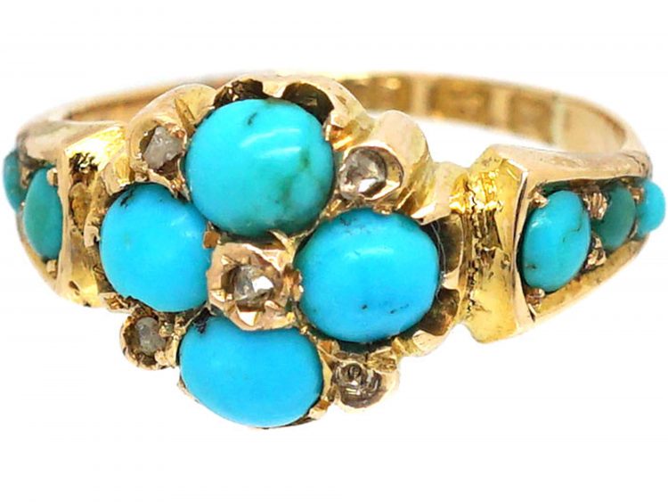 Victorian 15ct Gold Forget Me Not Ring set with Turquoise & Rose Diamonds