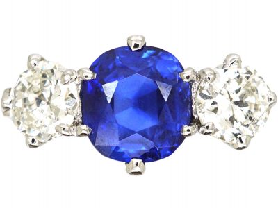 18ct White Gold, Unheated Sapphire & Diamond Three Stone Ring