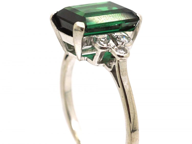 Art Deco 18ct White Gold & Platinum, Green Tourmaline & Diamond Ring