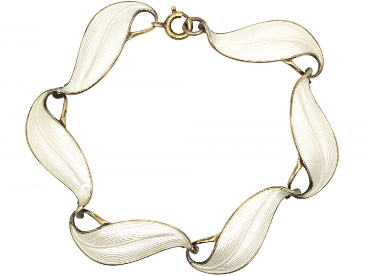1950s Silver & White Enamel Leaf Bracelet by Finn Jensen