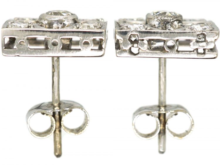 Art Deco 18ct White Gold & Diamond Square Gothic Design Earrings
