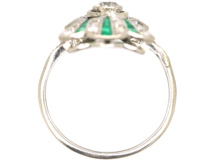Art Deco Platinum Fan Ring set with Calibré Cut Emeralds & Diamonds