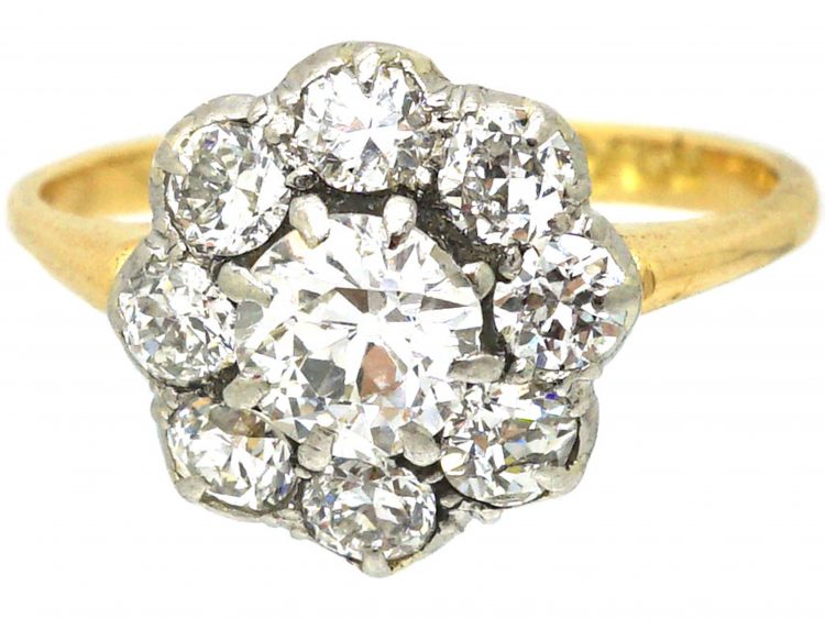 Retro 18ct Gold & Palladium Diamond Set Daisy Cluster Ring