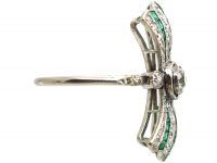 Art Deco Platinum Fan Ring set with Calibré Cut Emeralds & Diamonds