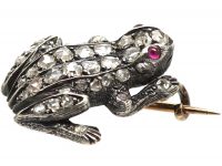 French Silver & Gold Belle Epoque Frog Brooch set with Rose Diamonds & Cabochon Ruby Eyes
