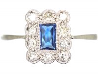 Art Deco 18ct White Gold, French Cut Sapphire & Diamond Rectangular Ring