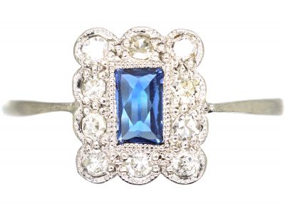 Art Deco 18ct White Gold, French Cut Sapphire & Diamond Rectangular Ring