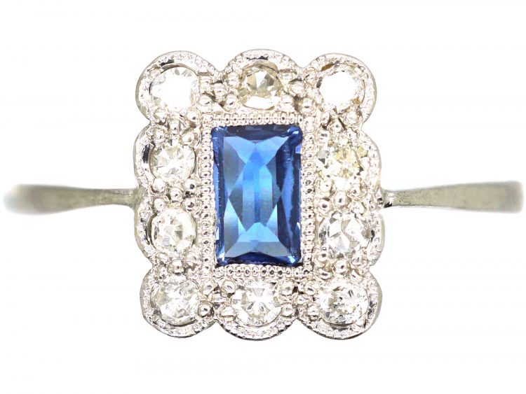 Art Deco 18ct White Gold, French Cut Sapphire & Diamond Rectangular Ring