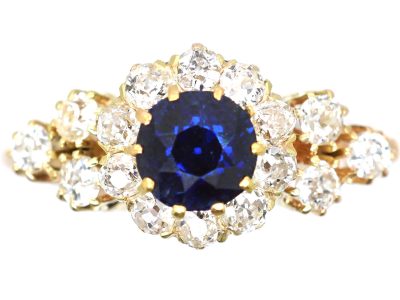 Early 20th Century 18ct Gold, Sapphire & Diamond Cluster Ring with Three Stone Diamond Shoulders