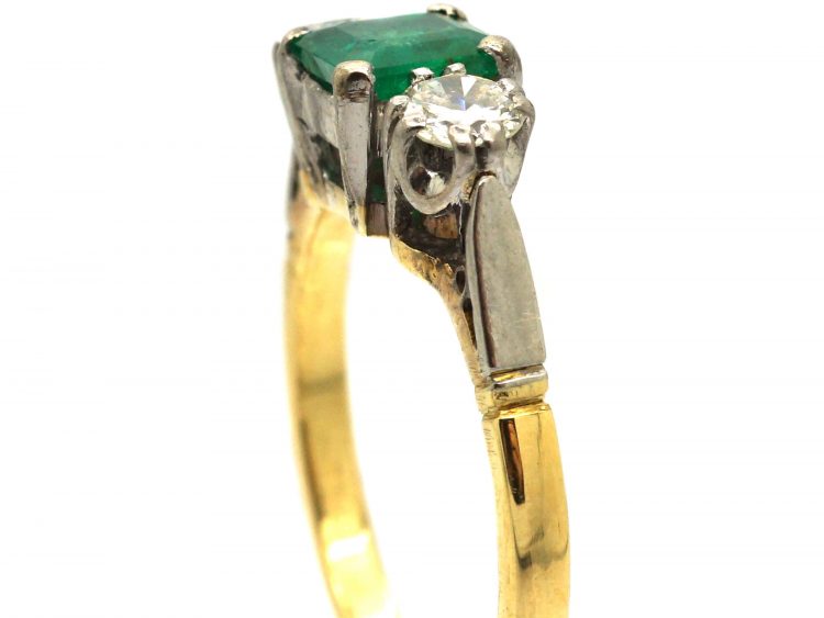Art Deco 18ct Gold, Emerald & Diamond Three Stone Ring