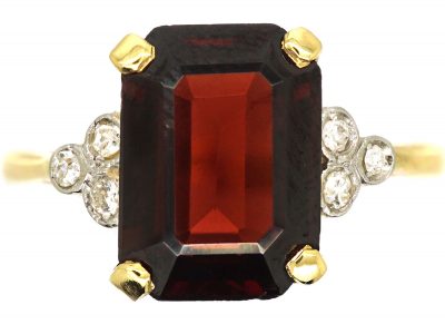 Art Deco 18ct Gold & Platinum, Rectangular Garnet Ring with Diamond Set Shoulders