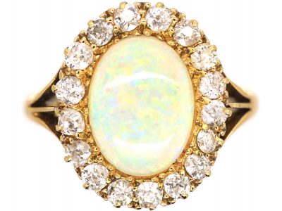 Edwardian Large 18ct Gold, Opal & Diamond Cluster Ring