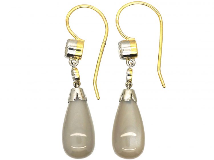 Edwardian 15ct Gold & Platinum, Moonstone & Diamond Drop Earrings