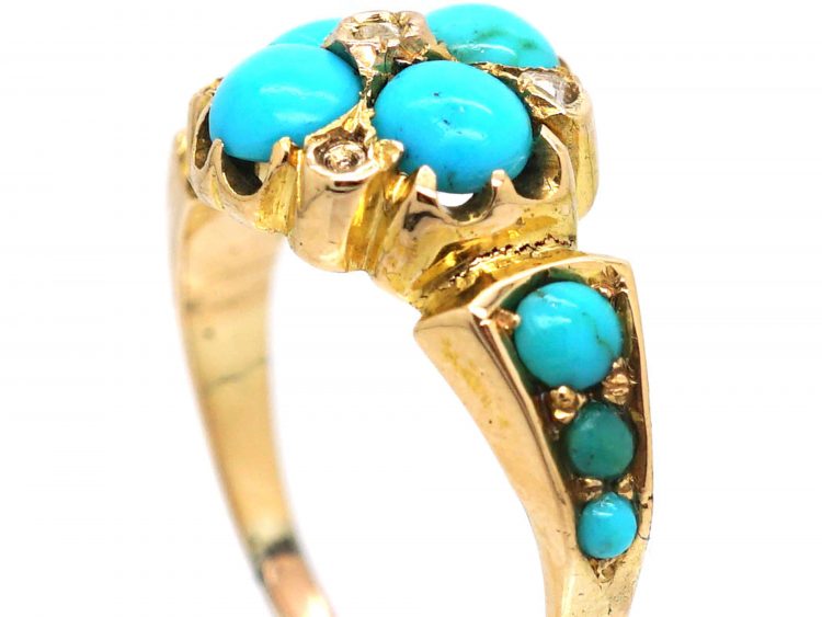 Victorian 15ct Gold Forget Me Not Ring set with Turquoise & Rose Diamonds