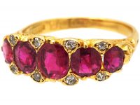 Victorian 18ct Gold, Five Stone Ruby & Diamond Carved Half Hoop Ring
