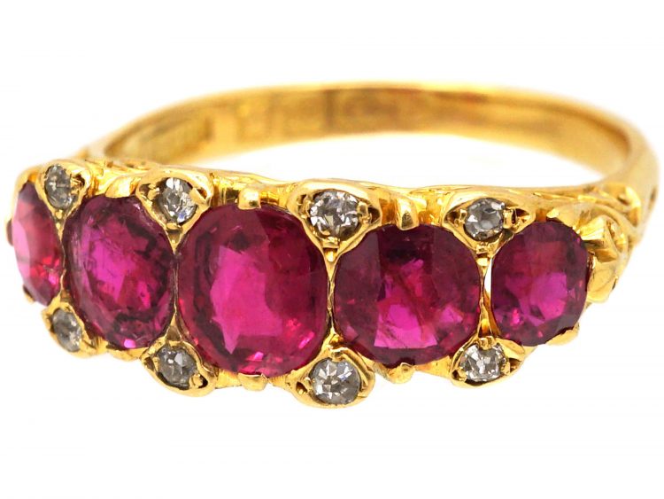 Victorian 18ct Gold, Five Stone Ruby & Diamond Carved Half Hoop Ring