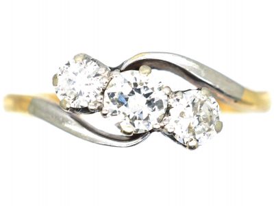Edwardian 18ct Gold & Platinum, Three Stone Diamond Crossover Ring