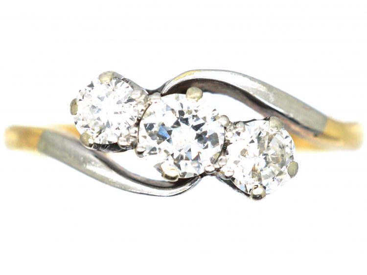 Edwardian 18ct Gold & Platinum, Three Stone Diamond Crossover Ring