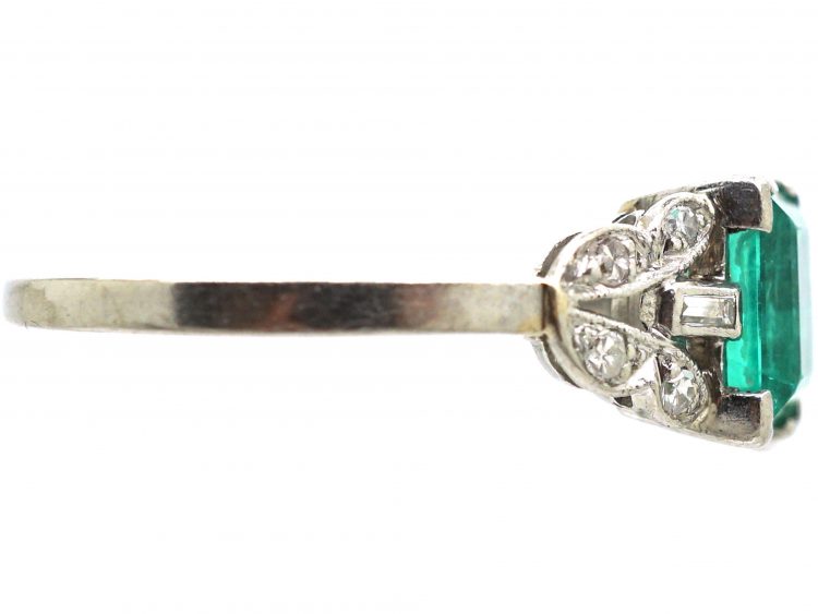 Art Deco Platinum, Rectangular Cut Emerald Ring with Diamond Set Shoulders