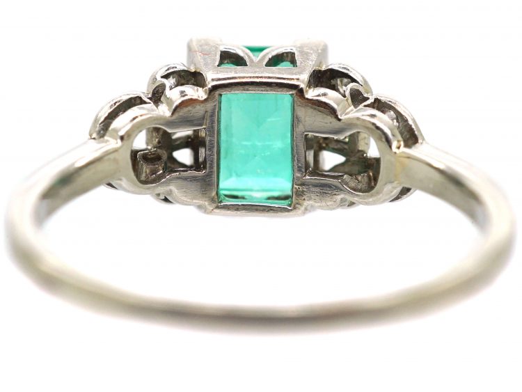 Art Deco Platinum, Rectangular Cut Emerald Ring with Diamond Set Shoulders