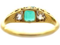 Victorian 18ct Gold, Emerald & Diamond Three Stone Carved Half Hoop Ring