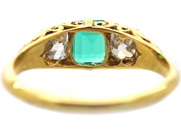 Victorian 18ct Gold, Emerald & Diamond Three Stone Carved Half Hoop Ring