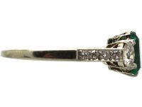 Art Deco 18ct White Gold, Emerald & Diamond Ring with Diamond set Shoulders