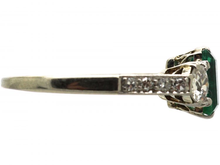 Art Deco 18ct White Gold, Emerald & Diamond Ring with Diamond set Shoulders