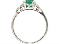 Art Deco Platinum, Rectangular Cut Emerald Ring with Diamond Set Shoulders