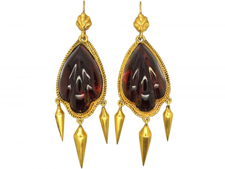Mid Victorian 15ct Gold & Cabochon Garnet Drop Earrings