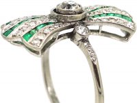 Art Deco Platinum Fan Ring set with Calibré Cut Emeralds & Diamonds