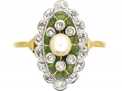 Early 20th Century 18ct Gold & Platinum, Plique A Jour, Diamond & Natural Split Pearl Ring