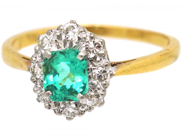 18ct Gold & Platinum, Emerald & Diamond Cluster Ring