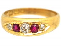 Victorian 18ct Gold, Five Stone Ruby & Diamond Boat Shaped Ring