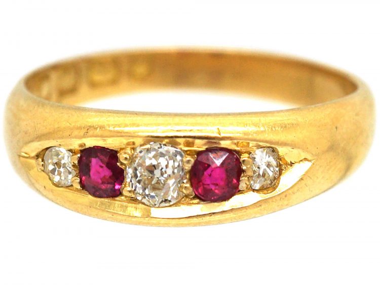 Victorian 18ct Gold, Five Stone Ruby & Diamond Boat Shaped Ring