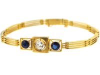 Art Deco Russian 14ct Gold Bracelet set with Two Sapphires & a Diamond