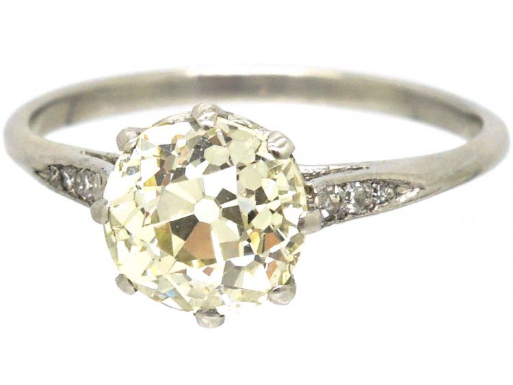 Art Deco Platinum, Solitaire Diamond Ring with Diamond Set Shoulders