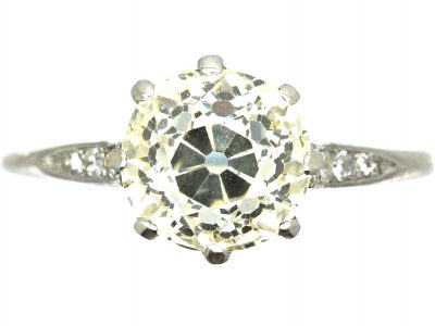 Art Deco Platinum, Solitaire Diamond Ring with Diamond Set Shoulders
