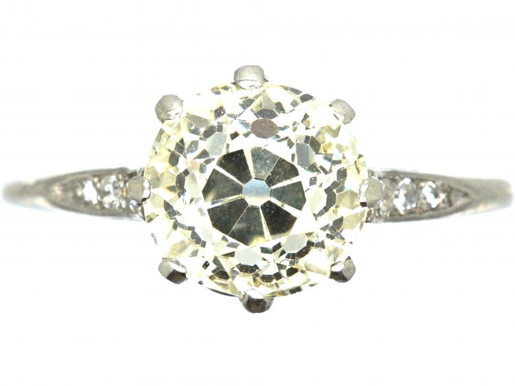 Art Deco Platinum, Solitaire Diamond Ring with Diamond Set Shoulders