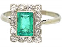 Art Deco 18ct White Gold & Platinum, Emerald & Diamond Rectangular Shaped Ring