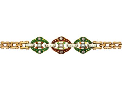 Victorian 15ct Gold, Diamond & Natural Bouton Pearl, Jubilee Enamel Bracelet
