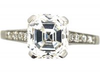 Art Deco Platinum, Asscher Cut Diamond Ring with Diamond Set Shoulders